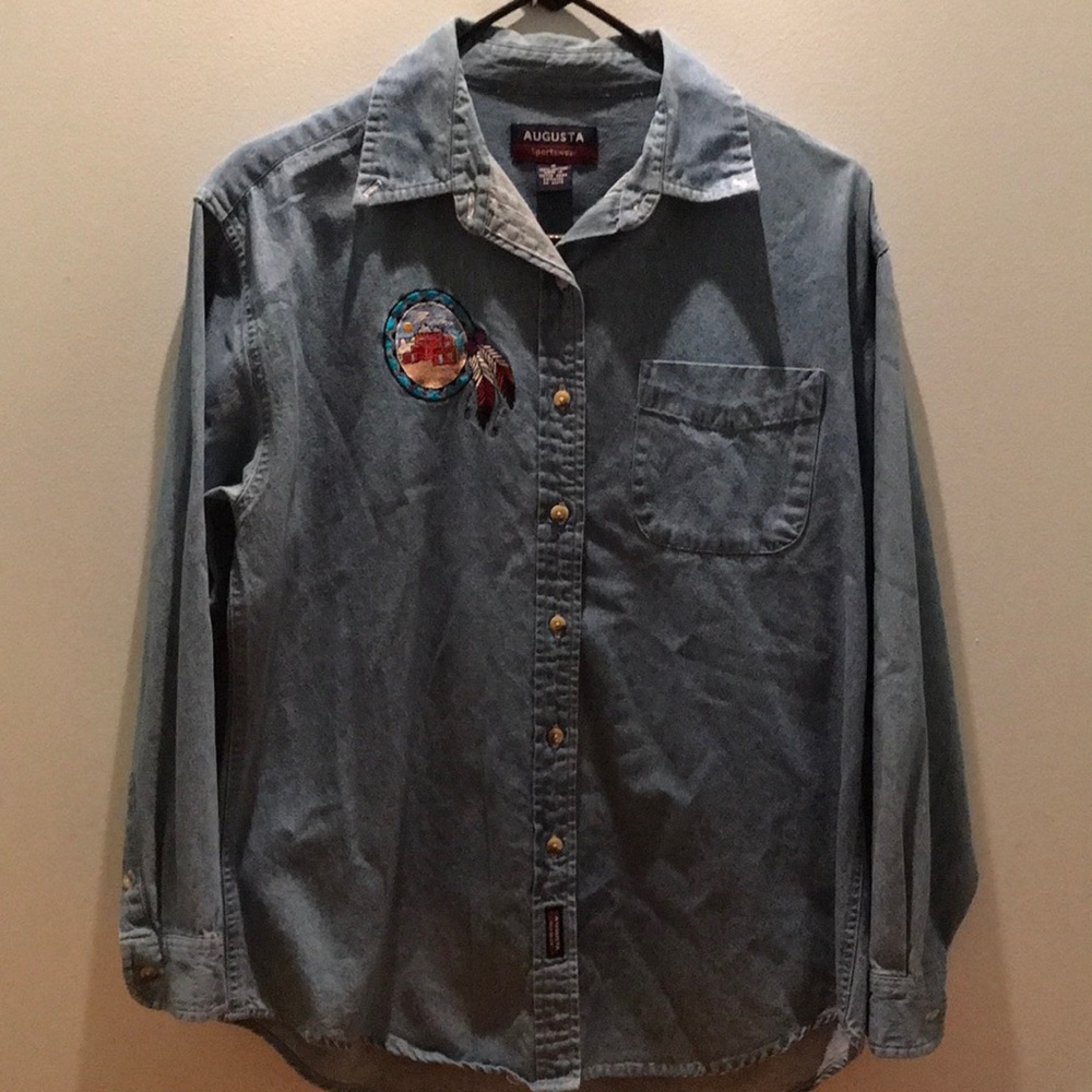 Augusta Sportswear medium denim shirt w front & back southwestern embroidery.